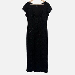 Women's 14 Black Lace Sequence Formal Maxi Cap Sleeve Wedding Cocktail Dress